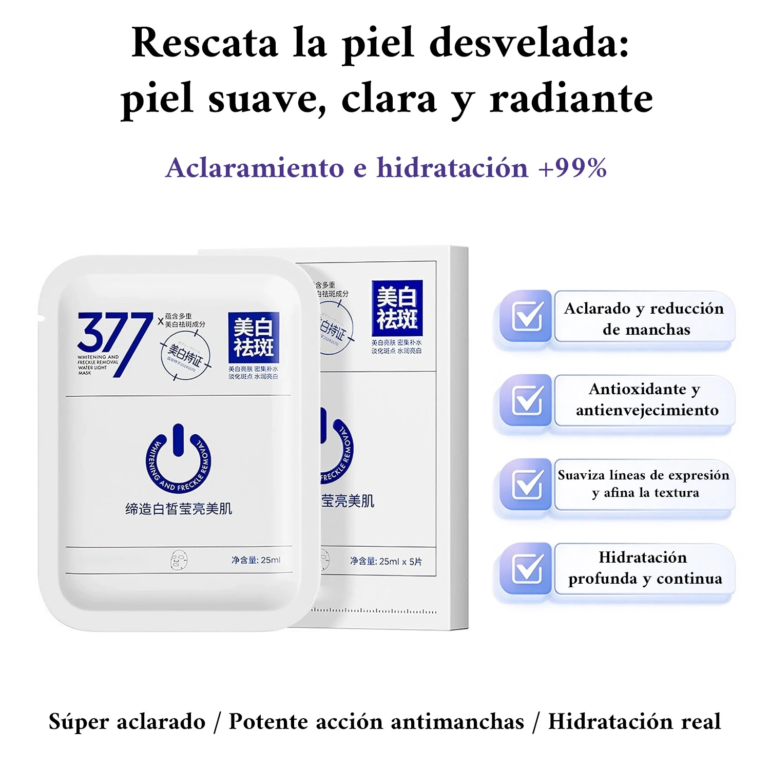 Mascarilla facial hidratante, antimanchas y aclarante. Su fórmula ayuda a hidratar profundamente, desvanecer manchas, unificar el tono de la piel y reducir la pigmentación del rostro.